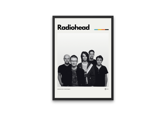 Poster of the band Radiohead featuring all five members in a black-and-white minimalist portrait with a color palette bar and the text “Alternative Rock / United Kingdom.”