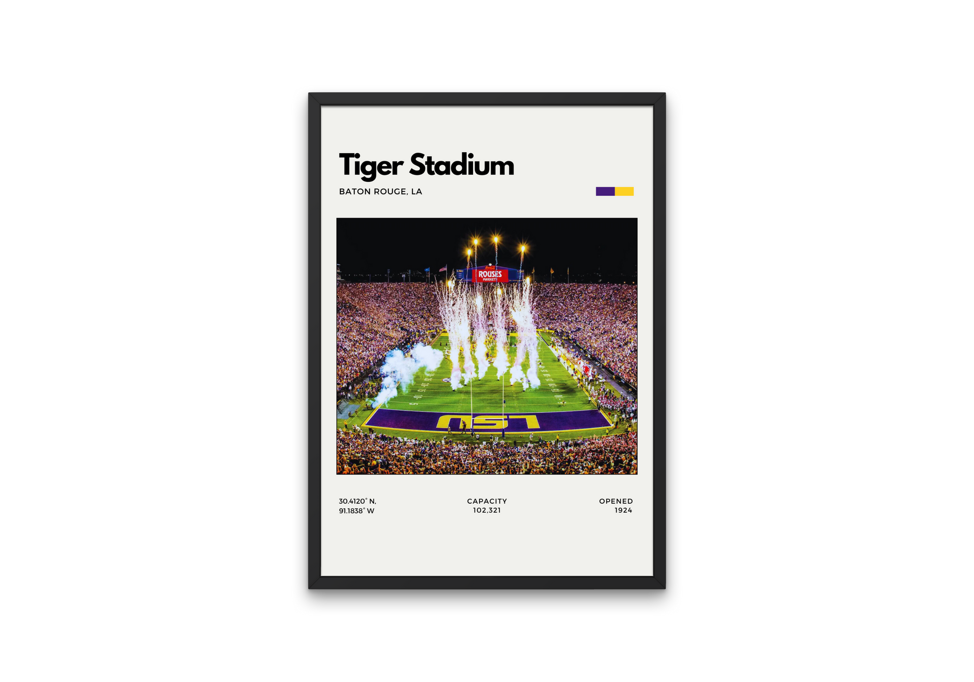 Framed poster of Tiger Stadium with a football field and crowd on a white background