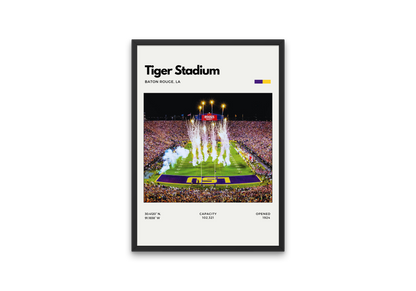 Framed poster of Tiger Stadium with a football field and crowd on a white background