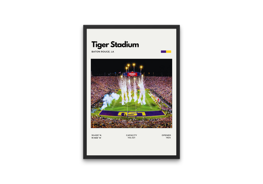 Framed poster of Tiger Stadium with a football field and crowd on a white background