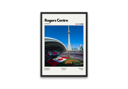 Poster of Rogers Centre in Toronto, home of the Blue Jays, showing a full stadium with the CN Tower in the background and a large Canadian flag on the field in a minimalist design.