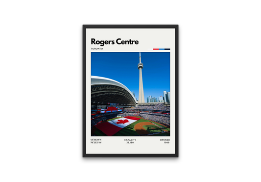 Poster of Rogers Centre in Toronto, home of the Blue Jays, showing a full stadium with the CN Tower in the background and a large Canadian flag on the field in a minimalist design.