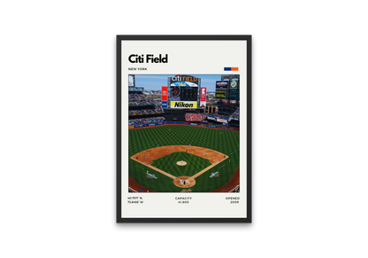 Framed poster of Citi Field with a baseball field layout and stadium details.