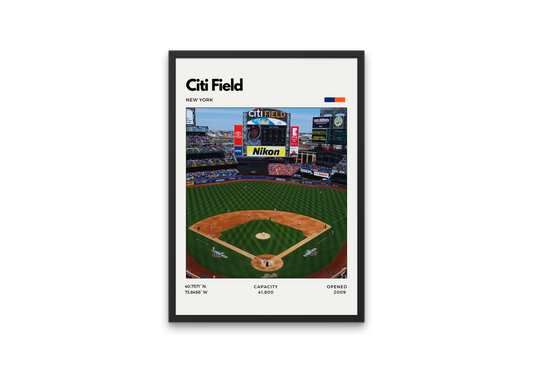 Framed poster of Citi Field with a baseball field layout and stadium details.