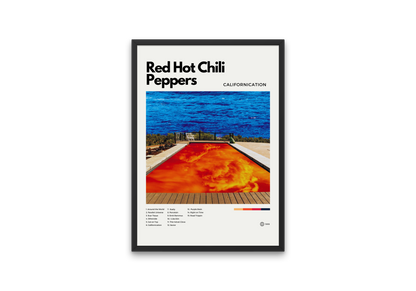 Framed poster of Red Hot Chili Peppers' 'California' album cover with a pool and ocean view.