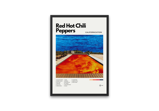 Framed poster of Red Hot Chili Peppers' 'California' album cover with a pool and ocean view.