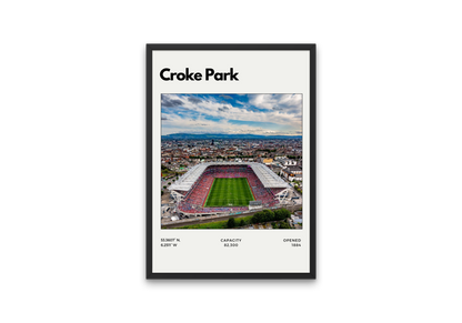 Framed poster of Croke Park stadium with a scenic view and text details.