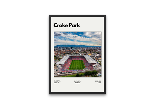 Framed poster of Croke Park stadium with a scenic view and text details.