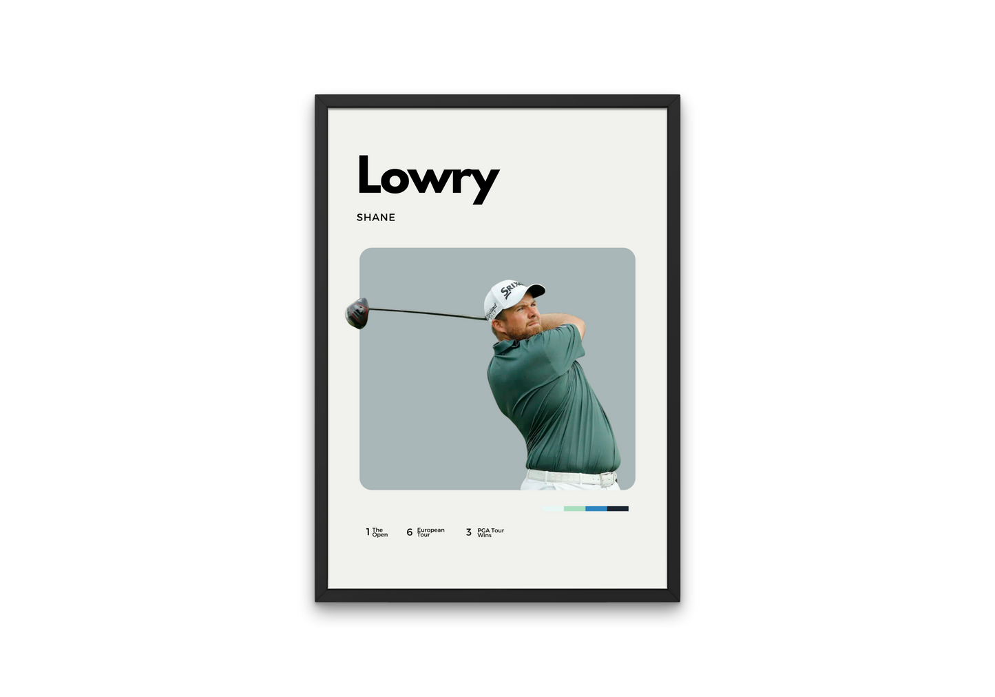 Poster of professional golfer Shane Lowry in mid-swing, wearing a green shirt and white cap, with minimalist background and clean modern design.