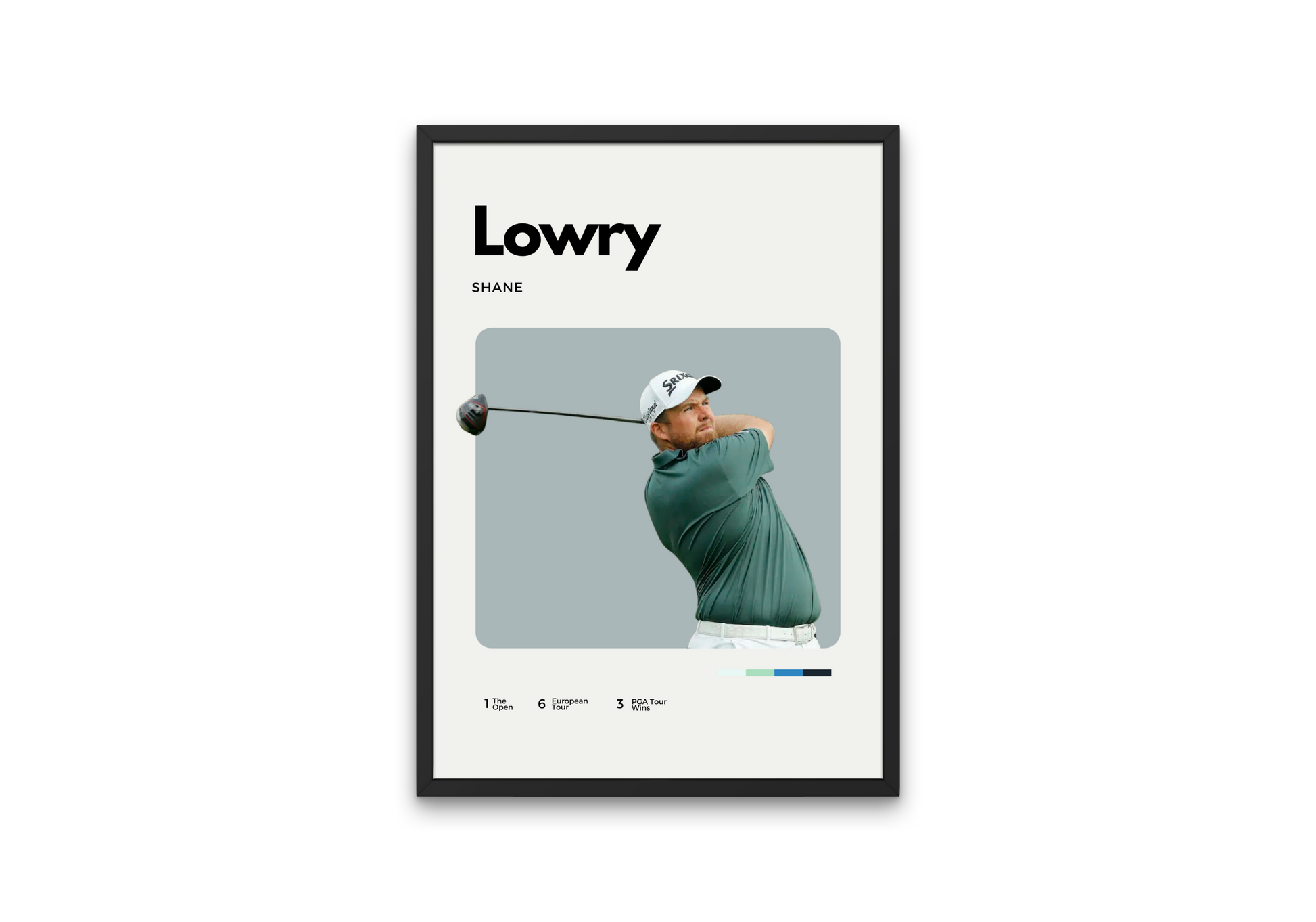 Poster of professional golfer Shane Lowry in mid-swing, wearing a green shirt and white cap, with minimalist background and clean modern design.