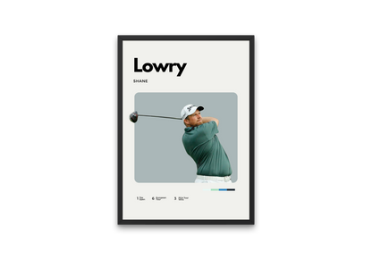Poster of professional golfer Shane Lowry in mid-swing, wearing a green shirt and white cap, with minimalist background and clean modern design.