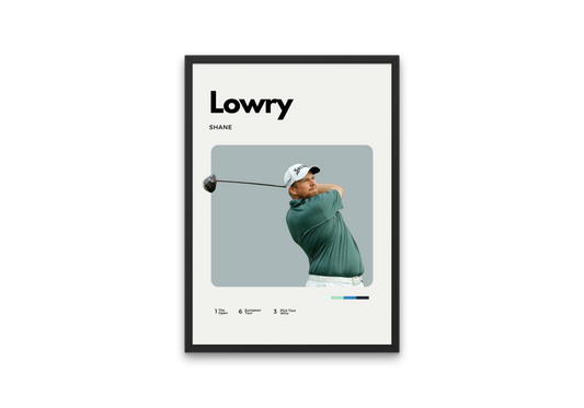 Poster of professional golfer Shane Lowry in mid-swing, wearing a green shirt and white cap, with minimalist background and clean modern design.