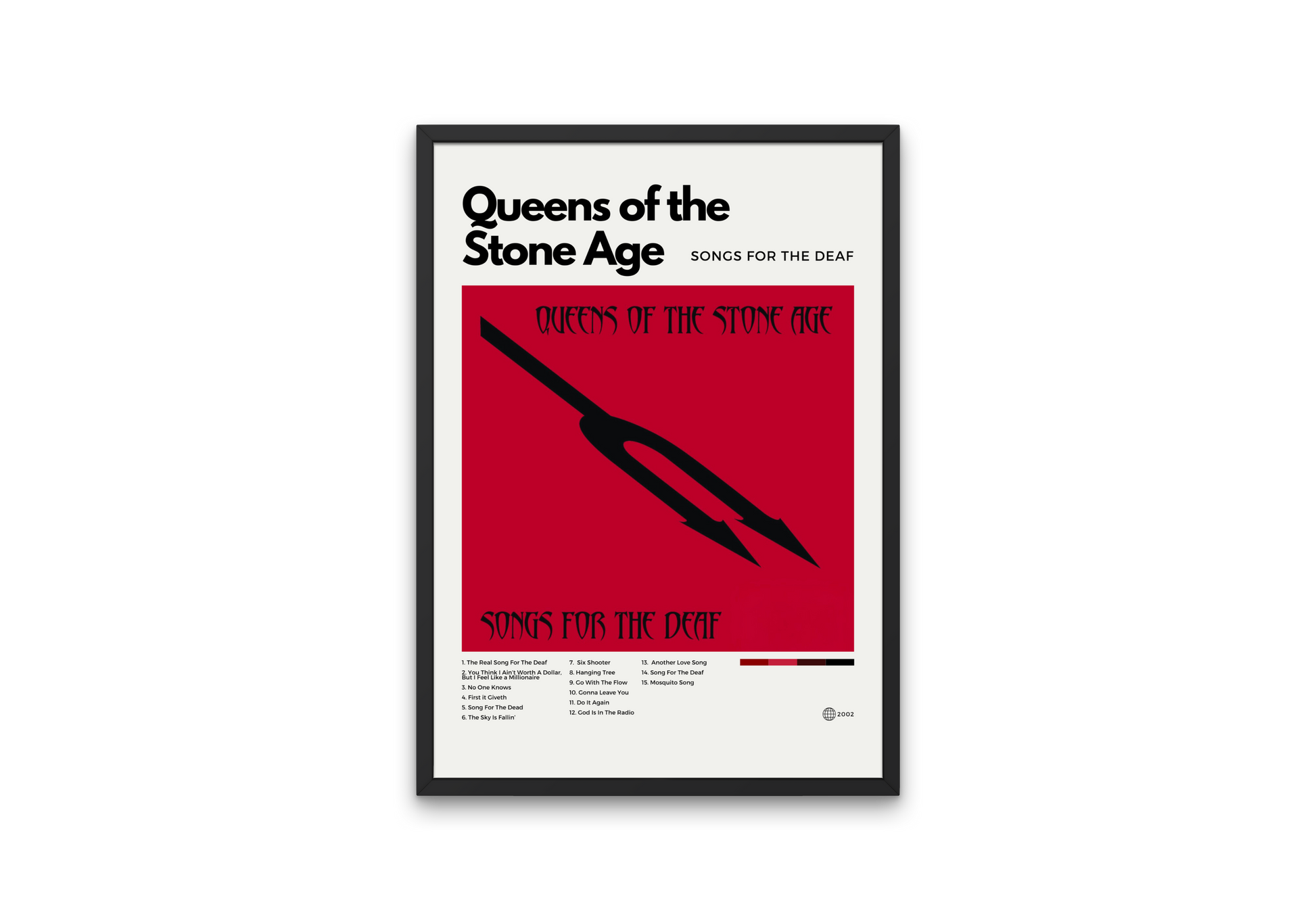 Framed poster of Queens of the Stone Age album 'Songs for the Deaf' on a white background