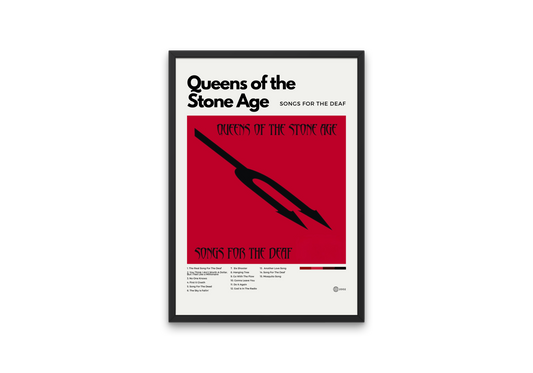 Framed poster of Queens of the Stone Age album 'Songs for the Deaf' on a white background