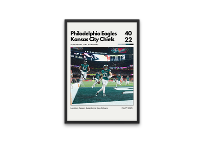 Framed sports poster of Philadelphia Eagles vs Kansas City Chiefs game, showing players on the field.