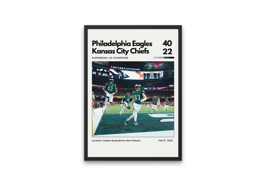 Framed sports poster of Philadelphia Eagles vs Kansas City Chiefs game, showing players on the field.