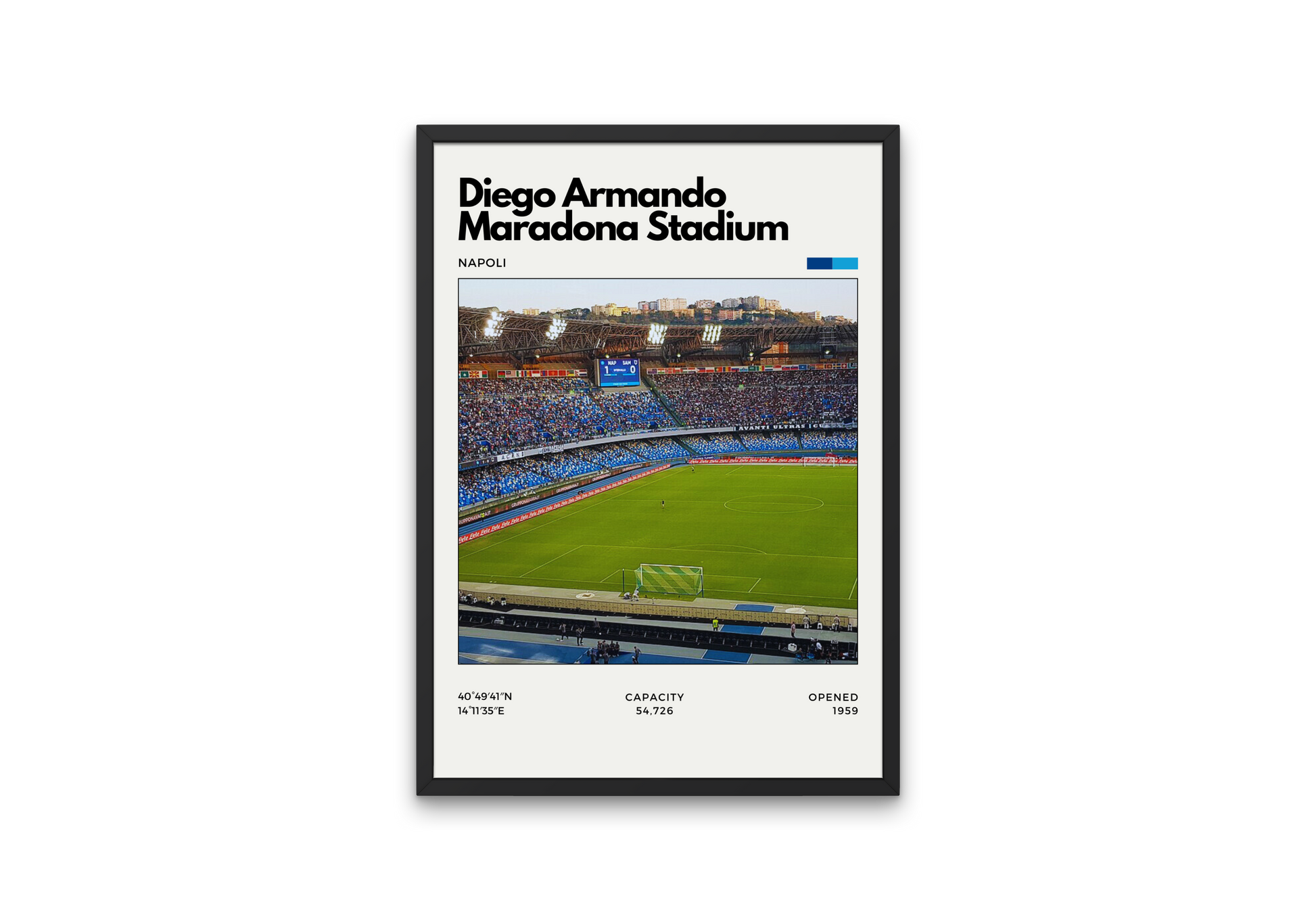 Poster of Diego Armando Maradona Stadium in Naples, Italy, showing a full crowd with blue seating and green pitch under bright stadium lights.