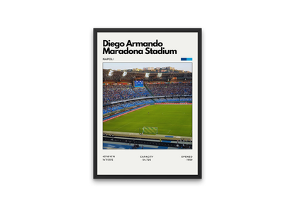 Poster of Diego Armando Maradona Stadium in Naples, Italy, showing a full crowd with blue seating and green pitch under bright stadium lights.
