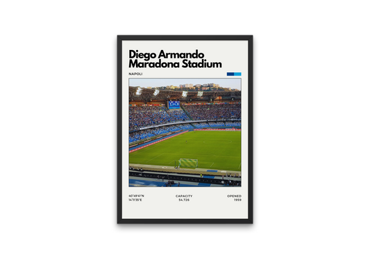 Poster of Diego Armando Maradona Stadium in Naples, Italy, showing a full crowd with blue seating and green pitch under bright stadium lights.