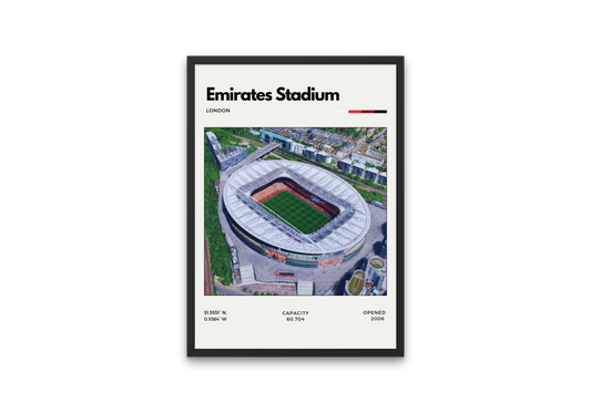 Framed poster of Emirates Stadium with stadium layout and details.