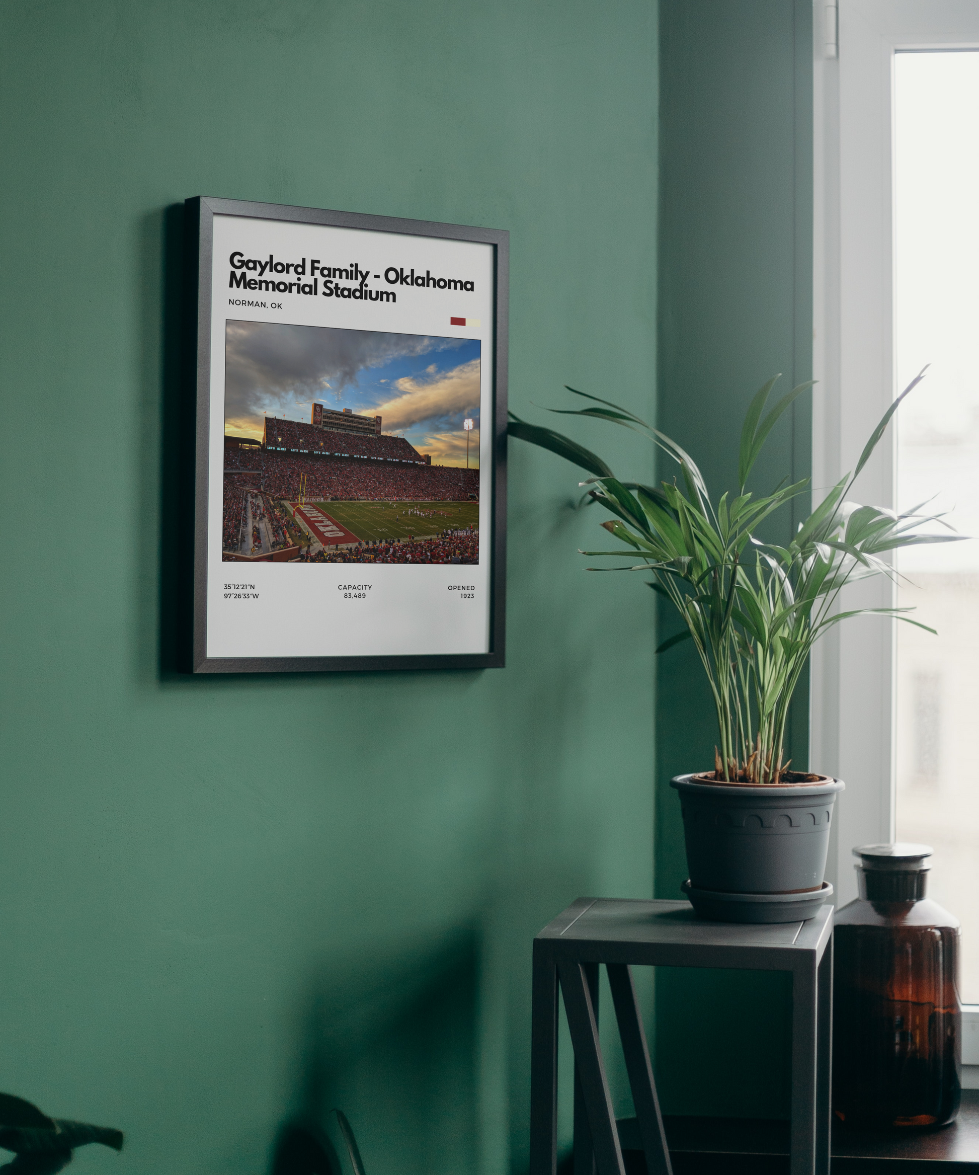 Framed Oklahoma Memorial Stadium Poster Handing in Green Room