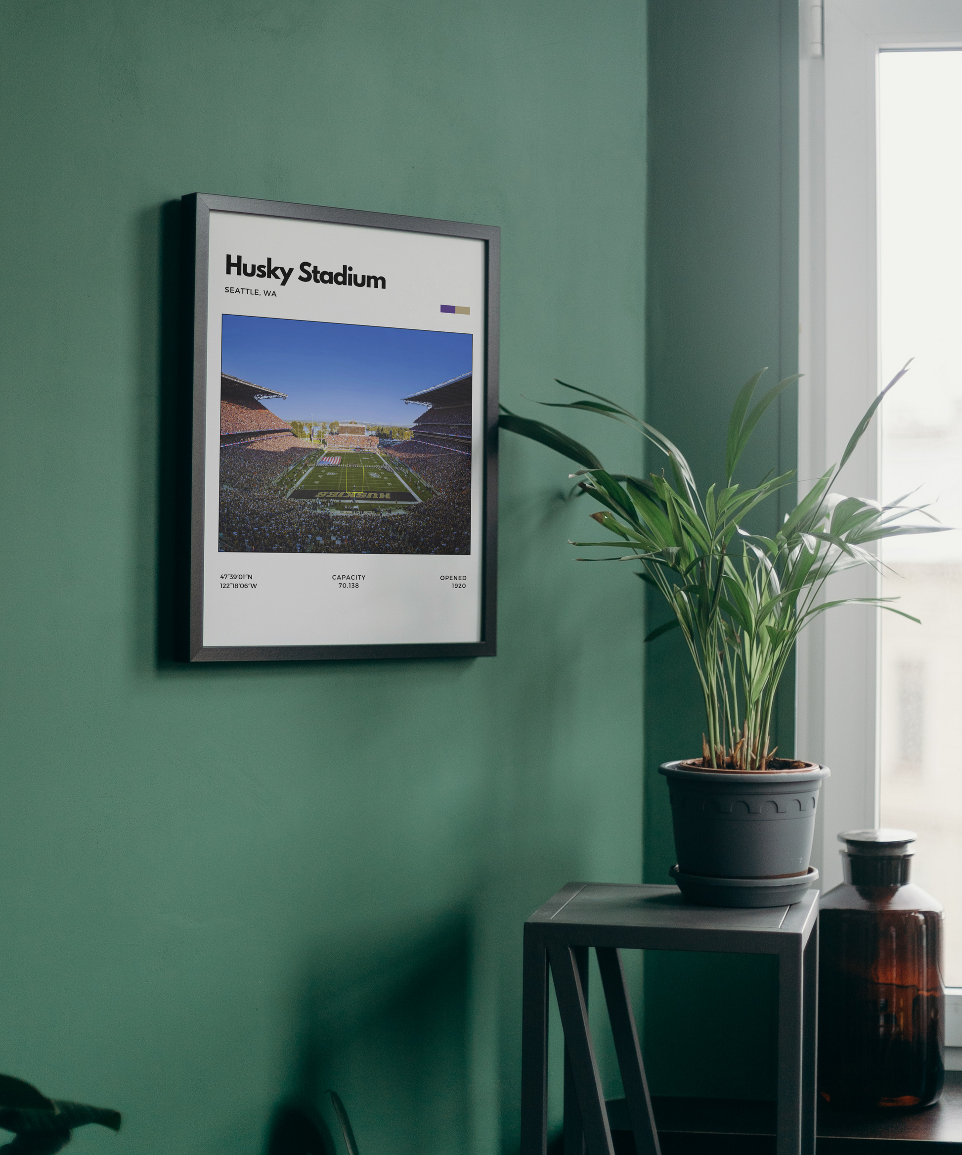 Framed poster of Husky Stadium on a green wall with a plant and bottle in the foreground.